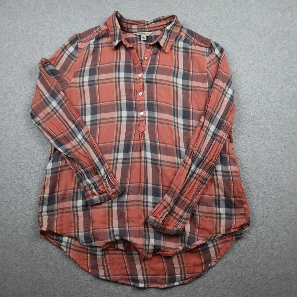 Lucky Brand Tunic Shirt Top Womens Medium Peach Plaid Long Sleeve Button Up